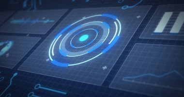 Izgara üzerindeki ekranlarda veri işleme ve tarama görüntüsü. dijital arayüz, küresel veri işleme ve dijital olarak oluşturulmuş görüntü konsepti.