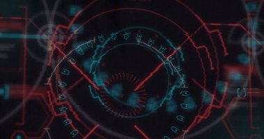 Işık izlerinin dijital görüntüsü ve siyah zemin üzerindeki yuvarlak neon tarayıcıya karşı arıza etkisi. doku ve tasarım ile teknoloji arkaplanı