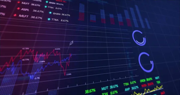 股票市场图片说明 紫色和绿色的股票市场图片说明 蓝色背景的股票市场价格上下波动 金融业务股票市场增长概念数字生成的图像4K — 图库照片