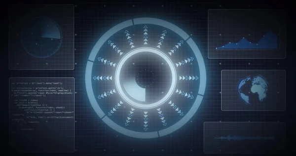 Imagem Varredura Escopo Processamento Dados Telas Sobre Grade Interface Digital — Fotografia de Stock