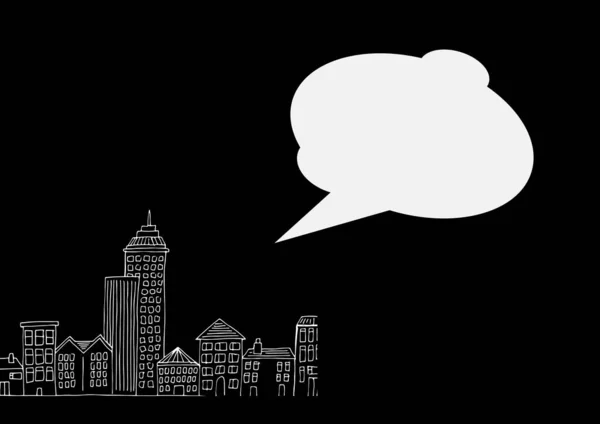 Digitally Generated Image Blank Speech Bubble Cityscape Drawing Black Background — Stock Photo, Image