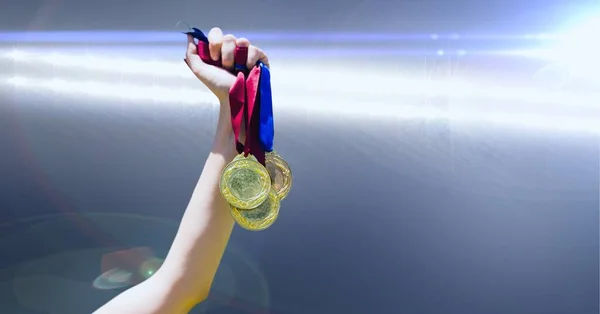 Close Hand Holding Multiple Medals Spots Light Background Sports Tournament — Stock Photo, Image