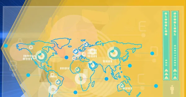 Przetwarzanie Danych Mapa Świata Całym Świecie Żółtym Tle Technologii Interfejs — Zdjęcie stockowe