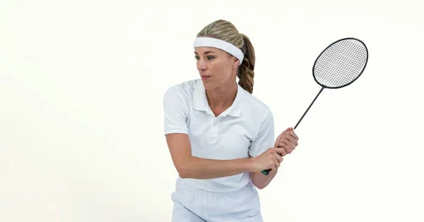 Caucasian Female Badminton Player Holding Racket Texture White Background Sports — Stock Photo, Image