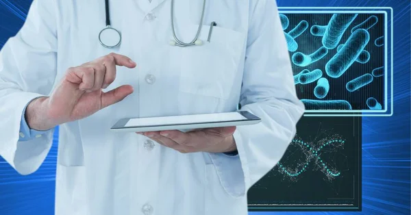 中段持有数码平板电脑的男医生与蓝色背景的医疗数据处理进行对比 医学研究和科学技术概念 — 图库照片