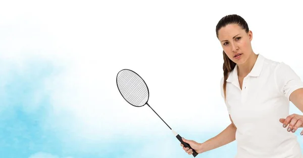 Giocatore Badminton Femminile Caucasico Che Tiene Racchetta Contro Acquerello Texture — Foto Stock