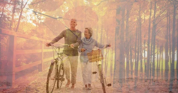 Digital Composite Image Caucasian Forest Senior Couple Walking Bicycle Beach — Stock Photo, Image