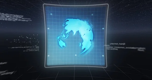 濃い青の背景の上の画面上の6グラムのテキスト データ処理と地球の画像 デジタル的に生成された接続と技術の概念の世界的なネットワーク — ストック写真