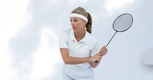 Biała Kobieta Badminton Gracz Trzymając Rakietę Akwareli Tekstury Białe Tło — Zdjęcie stockowe