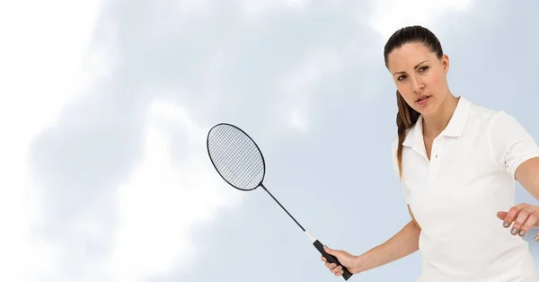 Biała Kobieta Badminton Gracz Trzymając Rakietę Akwareli Tekstury Białe Tło — Zdjęcie stockowe