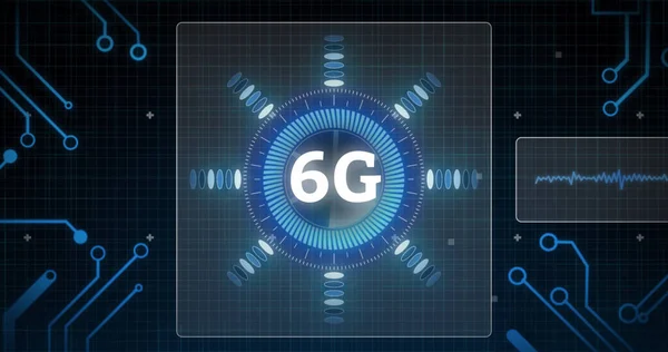 スコープスキャンとグリッド上の画面上のデータ処理と6Gテキストの画像 デジタル的に生成された接続と技術の概念の世界的なネットワーク — ストック写真