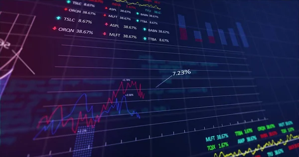 股票市场图片说明 紫色和绿色的股票市场图片说明 蓝色背景的股票市场价格上下波动 金融业务股票市场增长概念数字生成的图像4K — 图库照片