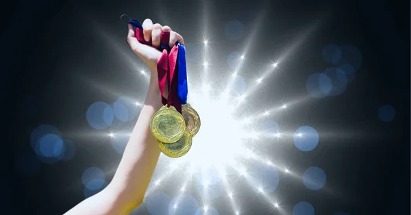 Close Hand Holding Multiple Medals Shining Star Lights Spots Light — Stock Photo, Image