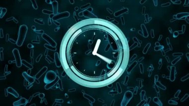 Mavi kan hücreleri üzerinde saat ve dairesel tarayıcı animasyonu ve siyah üzerine kırmızı Cavid 19 hücresi. Coronavirus covid 19 salgını sırasında dijital olarak üretilen video.