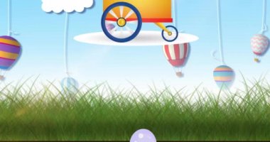 Sadece bisiklet, dondurma arabası ve mavi üzerinde yüzen balonlarla iyi titreşimlerin animasyonu. pozitif duygular, kutlama ve refah konsepti, dijital olarak oluşturulmuş video.