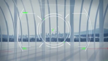 Modern bina ve şehir manzarası üzerinde kapsam ve veri işleme animasyonu. küresel iş, dijital arayüz, teknoloji ve ağ konsepti dijital olarak oluşturulmuş video.