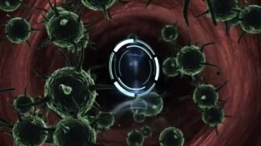 Coperid hücreleri tarayan saat ve mikroskop animasyonu. Coronavirus covid 19 salgını sırasında dijital olarak üretilen video.