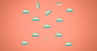 Birçok kalemin dijital animasyonu ve turuncu arka planda bir yığın kitap. Okula ve eğitim konseptine dönüş