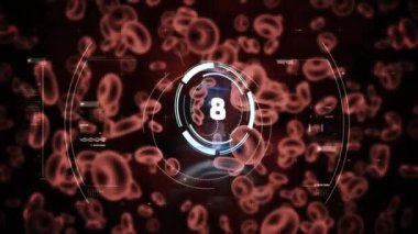 Kırmızı kan hücreleri üzerinde dairesel tarayıcı ve veri işleme ile covid 19 hücre animasyonu. Coronavirus covid 19 salgını sırasında dijital olarak üretilen video.