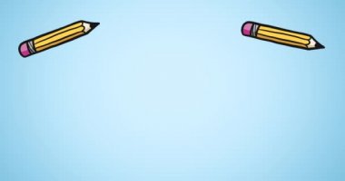 Mavi arka plana düşen çoklu kalem simgelerinin dijital animasyonu. Okula ve eğitim konseptine dönüş