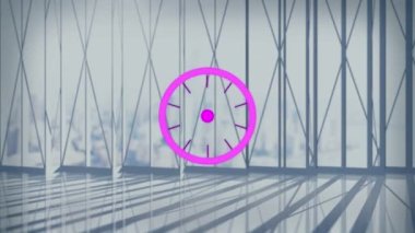 Mor kapsam animasyonu modern bina ve şehir manzarasını tarıyor. küresel iş, dijital arayüz, teknoloji ve ağ konsepti dijital olarak oluşturulmuş video.