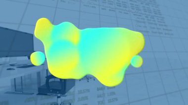 Boş ofis üzerinde parlayan kütle ve veri işleme animasyonu. küresel iş, dijital arayüz, teknoloji ve ağ konsepti dijital olarak oluşturulmuş video.