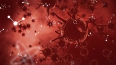 Moleküllerin ve makro kırmızı covid 19 hücrelerin animasyonu. küresel covid 19 salgın konsepti dijital olarak oluşturulmuş video.