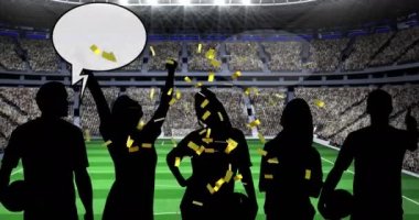 Spor stadyumunun üzerinde konuşma balonu olan altın konfetilerin ve siluetli spor hayranlarının animasyonu. spor, başarı, rekabet, oyun ve kutlama konsepti, dijital olarak oluşturulmuş video.