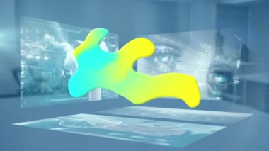 Boş ofis üzerinde parlayan kütle ve veri işleme animasyonu. küresel iş, dijital arayüz, teknoloji ve ağ konsepti dijital olarak oluşturulmuş video.