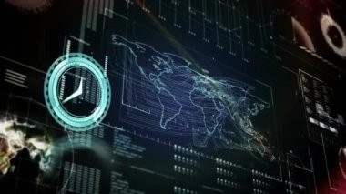 Saatin animasyonu ve dijital ekranda veri işleme. küresel dijital arayüz, teknoloji ve ağ konsepti dijital olarak oluşturulmuş video.