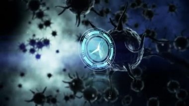Covid hücreleri üzerinde saat ve mikroskop taraması. Coronavirus covid 19 salgını sırasında dijital olarak üretilen video.