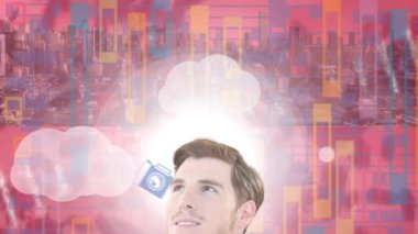 Bulutlar ve dijital simgeler üzerinde iş adamı animasyonu. küresel iş, dijital arayüz, teknoloji ve ağ konsepti dijital olarak oluşturulmuş video.