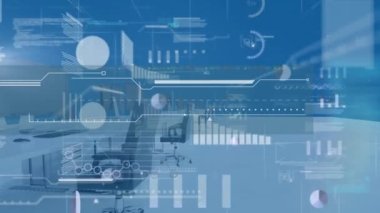 Boş ofis üzerinden veri işleme animasyonu. küresel iş, dijital arayüz, teknoloji ve ağ konsepti dijital olarak oluşturulmuş video.