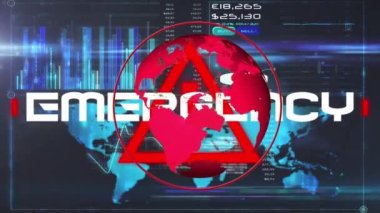 Veri işleme ve haritalama arayüzü üzerinde dönen dünya ile metin acil durum animasyonu. küresel iş iletişimi ve dijital arayüz kavramı, dijital olarak oluşturulmuş video.