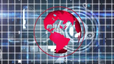 Animation of red globe rotating over interface with data processing and topographical chart. global business communication and digital interface concept, digitally generated video.