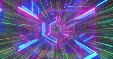 Pembe ve mavi neon tünel arka planının animasyonu. Video oyunu ve eğlence konsepti dijital olarak oluşturuldu.