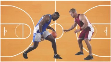 Basketbol sahasında iki erkek oyuncu üzerinde pembe ve turuncu renkli kelimelerin animasyonu yükselir. spor, başarı, rekabet, oyun ve kutlama konsepti, dijital olarak oluşturulmuş video.