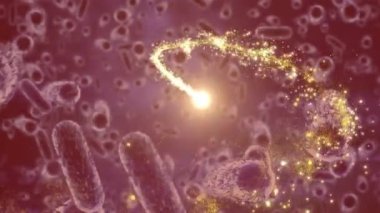 Kayan yıldızın dönüşü ve makro covid 19 hücrenin animasyonu. küresel covid 19 salgın konsepti dijital olarak oluşturulmuş video.