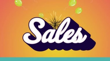 Beyaz renkli kelime satışları, havai fişekler ve turuncu üzerine balonlar. Perakende ticaret ticareti iletişim kutlaması konsepti, dijital olarak oluşturulmuş video.