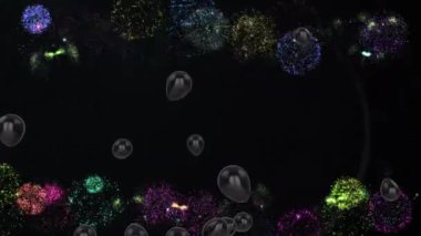 Siyah zemin üzerinde havai fişekler olan siyah balonların animasyonu. Yeni yıl kutlamaları ve parti konsepti dijital olarak oluşturuldu.