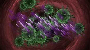 Yüzen yeşil covid 19 hücrenin üzerindeki mor ışık izlerinin animasyonu. Coronavirus covid 19 salgını sırasında dijital olarak üretilen video.