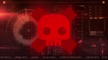 Arayüzdeki veri işleme üzerinde kırmızı x ve kafatası animasyonu. küresel iş iletişimi arayüzü ve sağlık uyarısı konsepti, dijital olarak oluşturulmuş video.