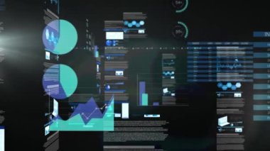 Siyah arkaplan üzerinde istatistik ve veri işleme animasyonu. küresel iş, dijital arayüz, teknoloji ve ağ konsepti dijital olarak oluşturulmuş video.