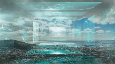 Deniz kenarındaki ekranlarda veri işleme animasyonu. küresel iş, dijital arayüz, teknoloji ve ağ konsepti dijital olarak oluşturulmuş video.