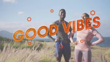 Kırsal alanda egzersiz yapan çiftler için iyi titreşimlerin ve kırmızı halkaların canlandırılması. pozitif duygular, doğa, zindelik ve refah konsepti, dijital olarak oluşturulmuş video.