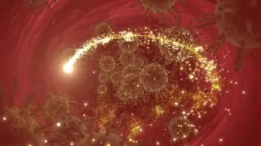 Kayan yıldızın dönüşü ve makro covid 19 hücrenin animasyonu. küresel covid 19 salgın konsepti dijital olarak oluşturulmuş video.