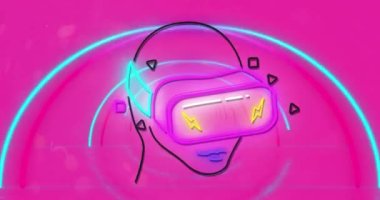 Canlı neon arka planda vr kulaklık takan neon kafa animasyonu. Video oyunu ve eğlence konsepti dijital olarak oluşturuldu.