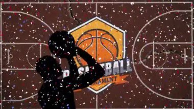 Silüet sanatçısı ve konfetilerin sahaya dökülüşünün animasyonu. Basketbol turnuvası kelimeleriyle. spor, başarı, rekabet, oyun ve kutlama konsepti, dijital olarak gen