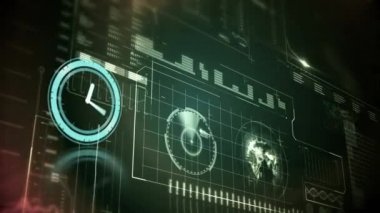 Saatin animasyonu ve dijital ekranda veri işleme. küresel dijital arayüz, teknoloji ve ağ konsepti dijital olarak oluşturulmuş video.