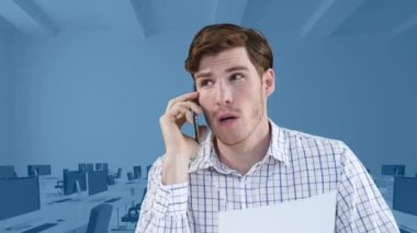 Boş ofis üzerinden akıllı telefondan konuşan iş adamının animasyonu. küresel iş, dijital arayüz, teknoloji ve ağ konsepti dijital olarak oluşturulmuş video.